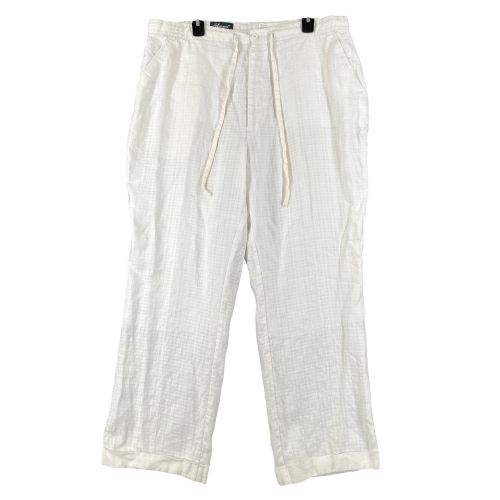 Successo Uomo Linen Pants Mens XL White Grid Drawstring Relaxed Beach Vacation